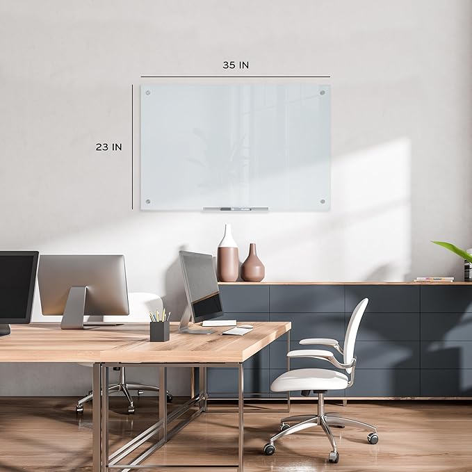 U Brands Glass Dry Erase Board, 24" x 36", White Frosted Surface With Silver Grommets, Frameless, Includes Marker With Eraser