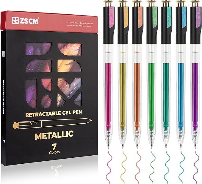 Retractable Metallic Gel Pens, 7 Colors Large Capacity Lustrous Metallic Gel Ink Pens for Adult Coloring, 1.0 mm Fine Point Smooth Writing Color Pen for Tech Design Note Taking Aesthetic Art Supplies