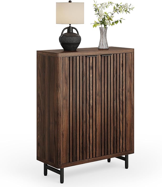 LITTLE TREE 6-Tier Shoe Cabinet with Doors for Up to 24 Pairs, Large Wooden Shoe Storage Cabinet with Adjustable Shelves, Retro Freestanding Shoe Organizer Cabinet for Entryway, Hallway, Dark Walnut