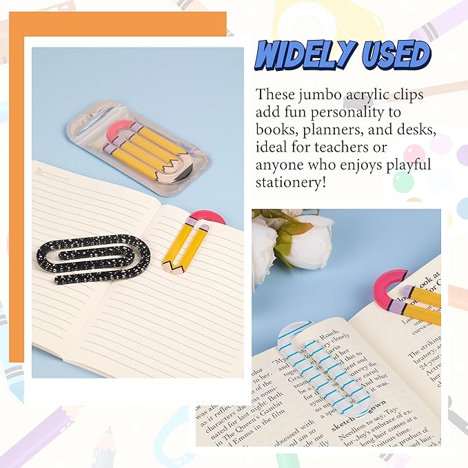 24 Pack Jumbo Acrylic Paper Clips, 4" X 2" 12Pcs Teacher Paper Clips with 12Pcs Gift Bags Personalized Paperclips Bookmark for Home Office Back to School Supplies (Pencil,Notebook,Eraser)