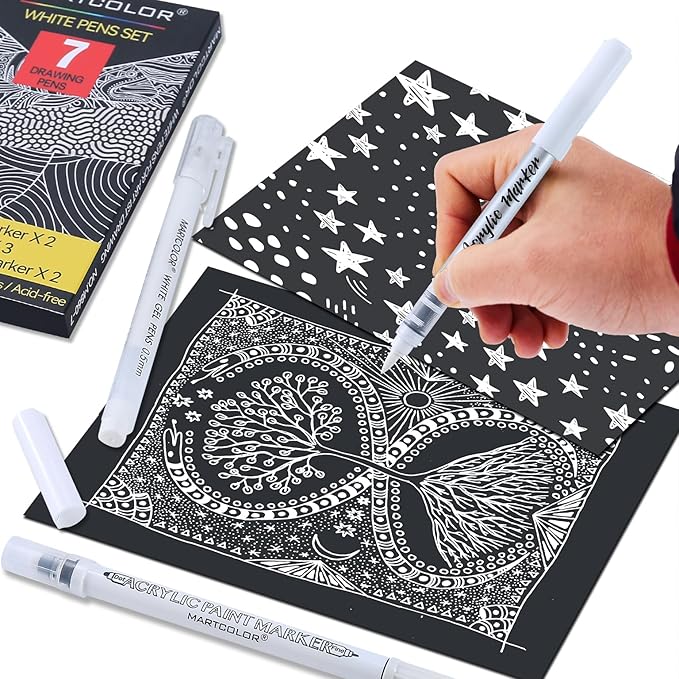 White Pens Set, 05/08/10mm Assorted Tip Opaque White Gel Pens Dual-Tip Acrylic Paint Pen Brush Tip Acrylic Markers for Black Paper Drawing, Sketching, Illustration, Card Making, 7 Pack