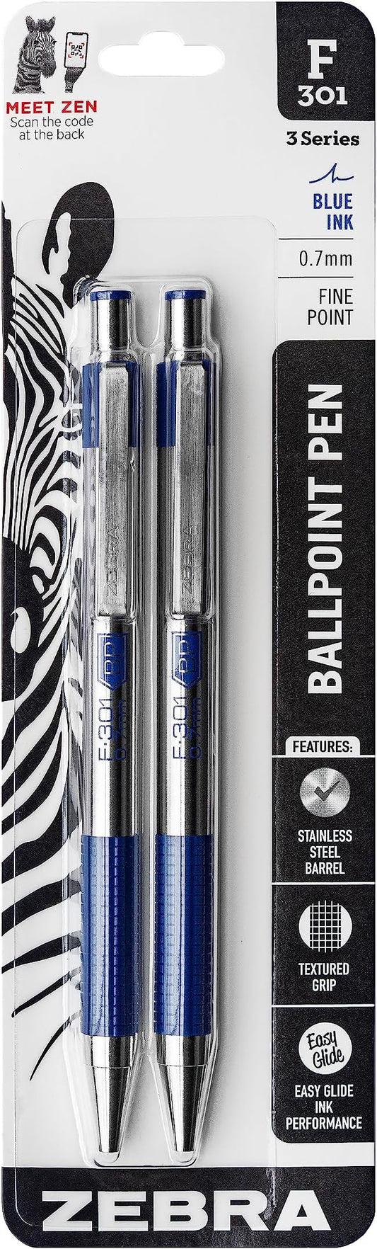 Zebra Pen F-301 Ballpoint Blue Ink Fine Point 0.7mm Pen, Easy-Glide Ink, Stainless Steel Retractable, Non-Slip Grip, Professional Design, Ideal for Office, Journal and Planner Use, 2-Pack (27122)