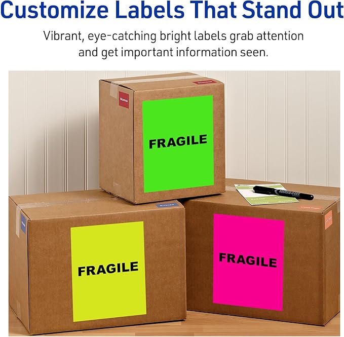 Avery Printable Shipping Labels, 8-1/2" x 11", Assorted Neon Colors (Magenta, Green, and Yellow), Laser & Inkjet Compatible, 15 Blank Labels Total (5975)