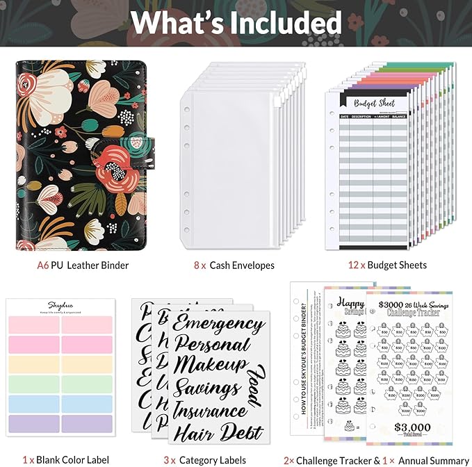 SKYDUE Budget Binder with 8Pcs Cash Envelopes, 12Pcs Expense Budget Sheets, 2Pcs Challenge Trackers, and Category Labels - Budget Binder & Challenges Book Combo for Saving Money