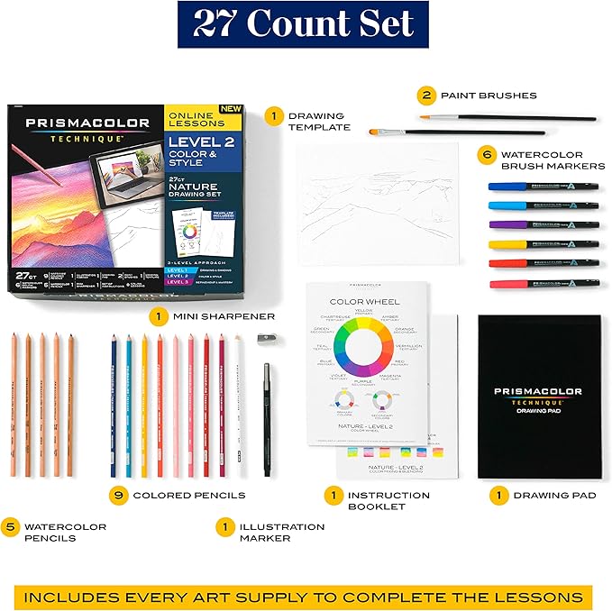 Prismacolor Technique Art Supplies and Digital Art Lessons Nature Drawing Set Level 2 Watercolor Pencils Brush Markers and More Sunset Landscape Drawing 27 Count (Pack of 4)