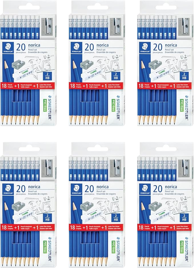 STAEDTLER Norica Pencil 6-Pack (6 Sets of 20 pcs): 18 Pre-sharpened #2 HB Pencils with 1 Eraser & 1 Sharpener, Break-Resistant Lead per pack, 120 count