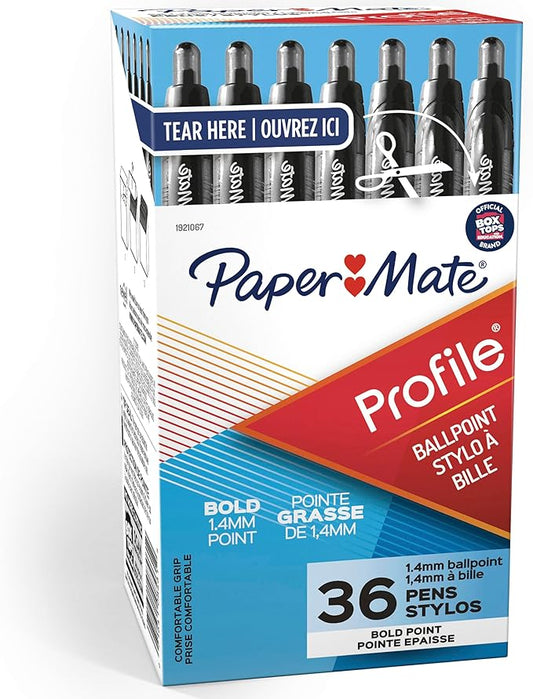 Paper Mate Profile Retractable Ballpoint Pens Bold Point (1.4mm) Black,36 Count (Pack of 6)