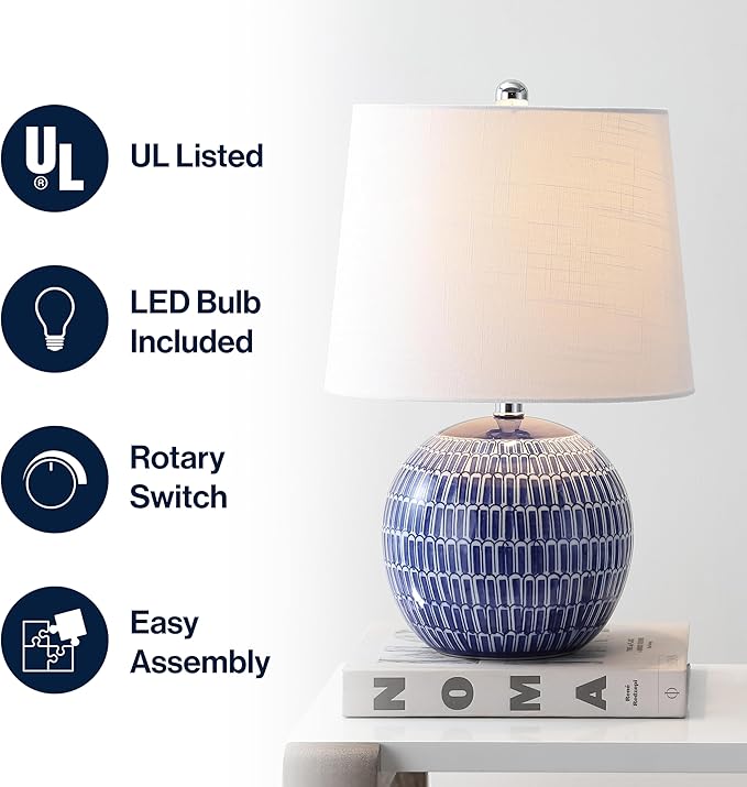 JONATHAN Y 21" Navy Ceramic Hand-Painted Scallop Sphere Table Lamp, Coastal Transitional Bedside Lamp with White Linen Drum Shade, LED Bulb Included JYL5044A