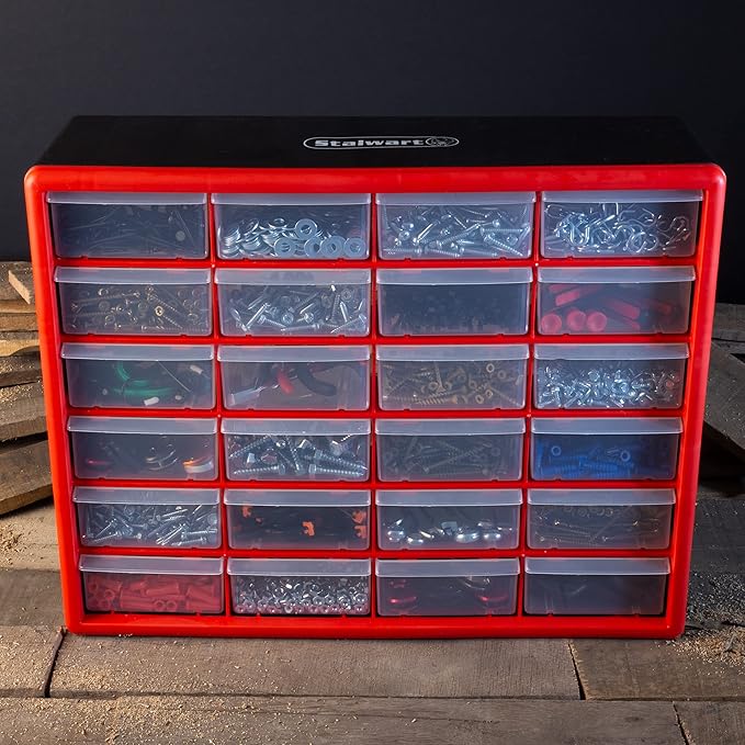Set of Two Storage Bins with Drawers – Pair of 12 and 24 Drawer Desktop or Wall Mount Plastic Tool Organizers for Hardware or Crafts by Stalwart (Red)