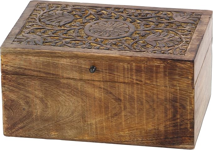 Deco 79 Mango Wood Floral Handmade Decorative Box Decorative Keepsake Boxes with Hinged Lid, Set of 3 Storage Boxes 8", 10", 12"W, Brown