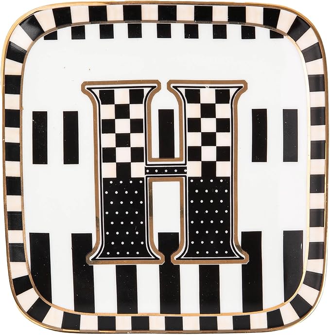 MACKENZIE-CHILDS Monogram Dish, Decorative Ceramic Letter Plate, 5 3/4" Square, H