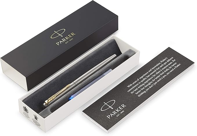 Parker Jotter Fountain Pen, Stainless Steel with Gold Trim, Medium Nib, Blue Ink & Gift Box