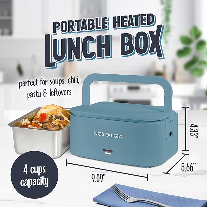 Nostalgia Portable Heated Lunch Box – 4-Cup Stainless Steel Food Warmer – Detachable Cord, Leak-Proof Lid, Carry Handle – Portable for Work & Travel – Ocean Blue