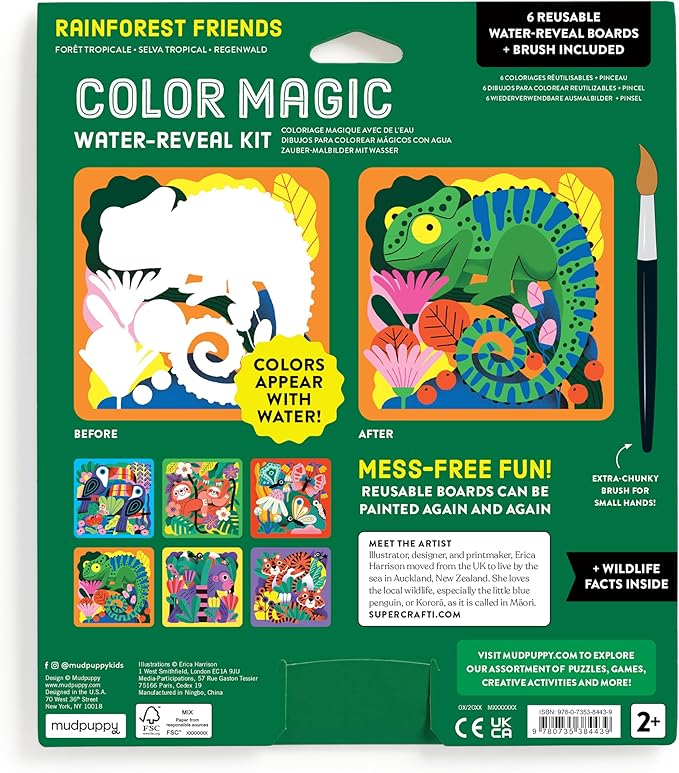 Mudpuppy Rainforest Friends – Color Magic Water Reveal Kit with Illustrations of Rainforest Animals for Children Ages 2 and Up