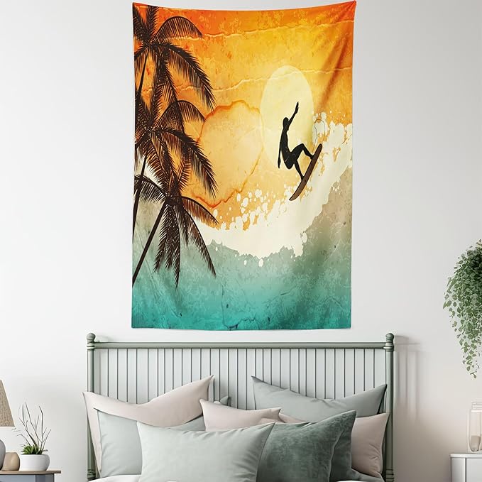Ambesonne Grunge Tapestry, Illustration of Tropical Island Surfer on Sea Waves and Palms at Sunset, Fabric Wall Hanging Decor for Bedroom Living Room Dorm, 23" X 28", Orange Turquoise Black