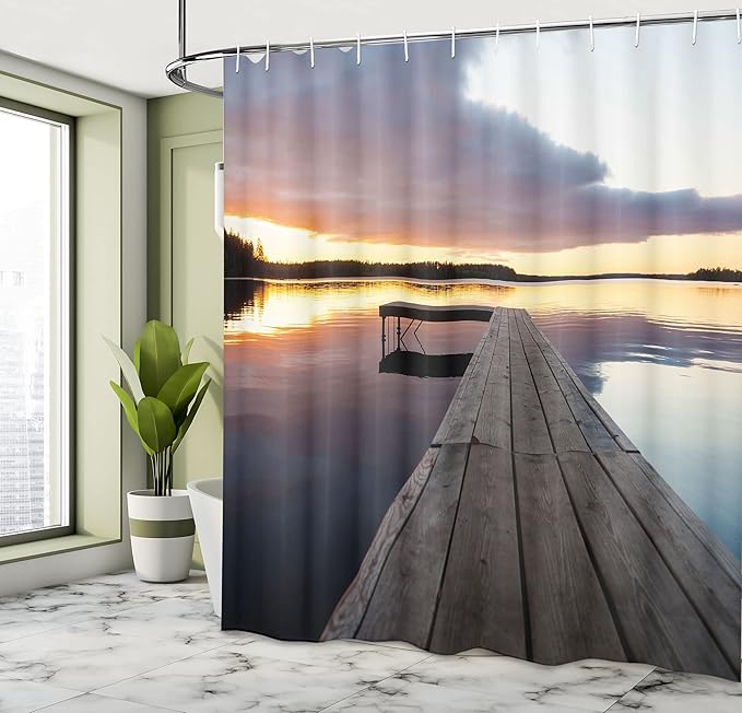 Ambesonne Landscape Shower Curtain, Serenity Relaxing Themed Port Pier Wooden Rustic Image of Dawn Sunset in Lake Art, Cloth Fabric Bathroom Decor Set Hooks, 69" W x 75" L, Multicolor Indigo Pale Blue