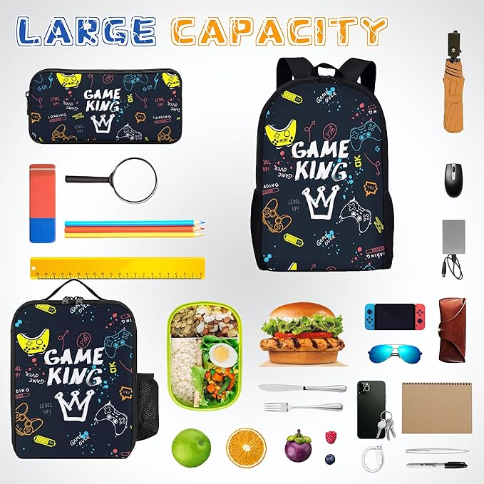 3PCS Gamer Backpack Set for Boys, Lightweight Large Backpack with Lunch Box & Pencil Case, Cool Game Video Bookbag for Kids, Back to School Backpacks for Elementary & Middle School