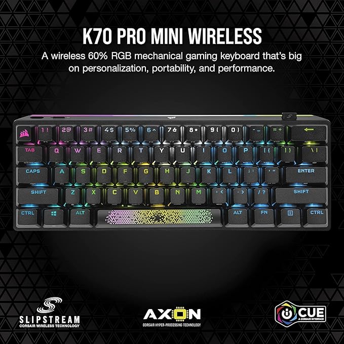 Corsair K70 PRO Mini Wireless 60% (CH-9189014-NA) Mechanical Cherry MX Speed Switch Keyboard with RGB Backlighting - Black (Renewed)