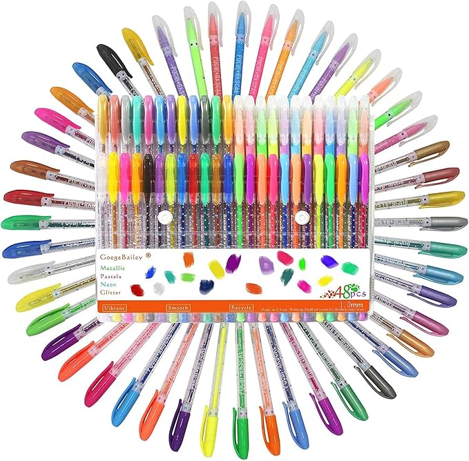 Coloured Gel pens, Gel pens Set, Including Metallic, Pastel Colours, neon, Glitter for Adult Colouring Books, Scrap Booking, Dyeing, doodling, Sketching and Craft, Pack of 48 Rollers with 1.0 mm tip