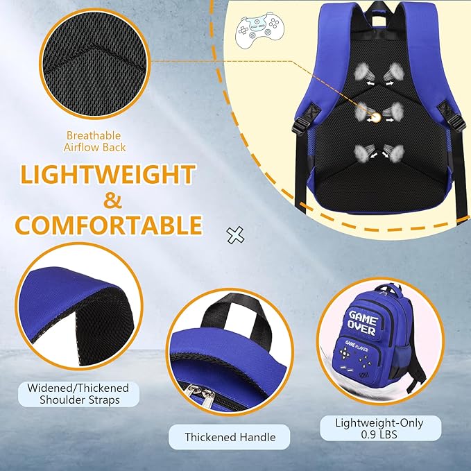 Kids Backpack Boys Gamer Backpack with Lunch Box Kindergarten Elementary Middle School Travel Sport Gaming Bookbag for Boys Girls Ages 4-14, Gamer Blue