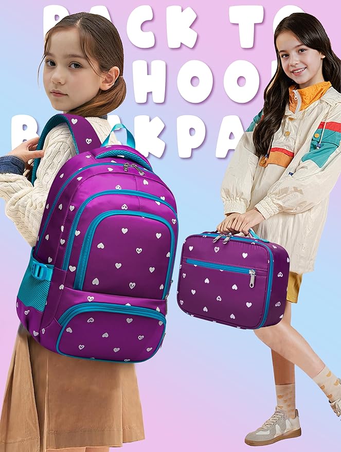 BLUEFAIRY Kids Backpack with Lunch Box for Girls Boys Elementary Primary Middle School Bag with Lunch Bag Set 17 Inch Bookbag Mochilas Escolares para Niñas Niños (Hearts, Purple)