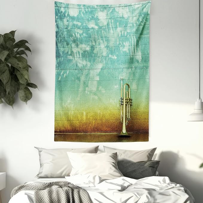 Ambesonne Music Tapestry Queen Size, Old Aged Worn Single Trumpet Stands Alone Against a Faded Wall Jazz Theme Photo, Wall Hanging Bedspread Bed Cover Wall Decor, 88" X 88", Teal Brown
