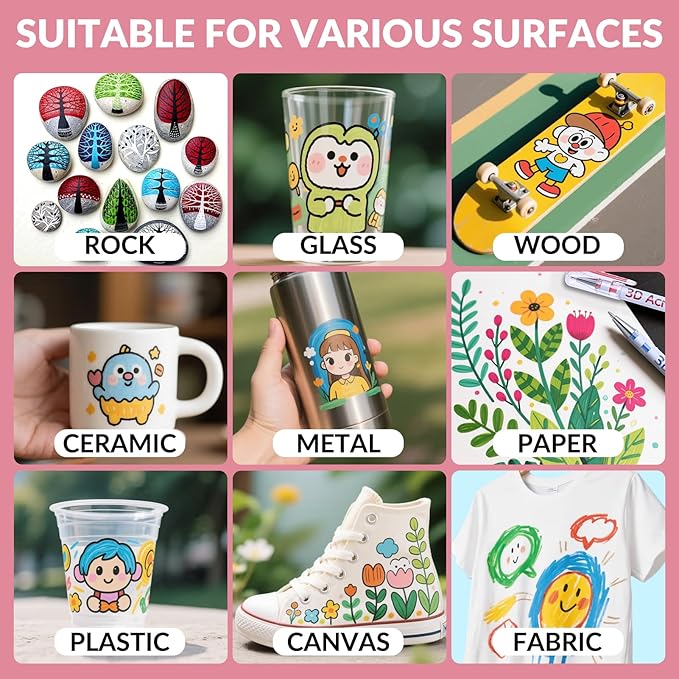 3D Acrylic Gel Pen,24 Colors Gel Pens With 1mm Bullet Tip Point, Acrylic Paint Pens for Black Paper,Rock Painting, Glass, Wood, Fabric,Cards,Scrapbook,DIY Art Crafts