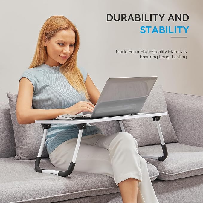 BUYIFY Folding Lap Desk, 23 Inch Portable Wood Black Laptop Bed Desk Lap Desk with Cup Holder, for Working Reading Writing, Eating, Watching Movies for Bed Sofa Couch Floor