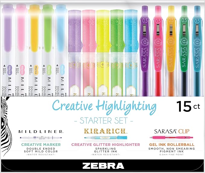 Zebra Pen Creative Starter Set 15-Pack, Includes 5 Kirarich Highlighters, 5 Mildliner Creative Markers, and 5 Sarasa Clip Retractable Gel Pens, Assorted Ink Colors, Ideal For Journaling (76015)