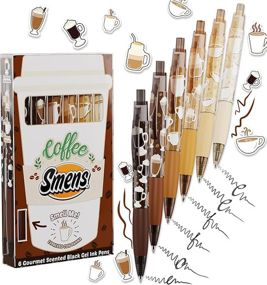 Scentco Coffee Smens - Gourmet Coffee-Scented Gel Pens, Black Ink, Medium Point, 6Pack Variety Set