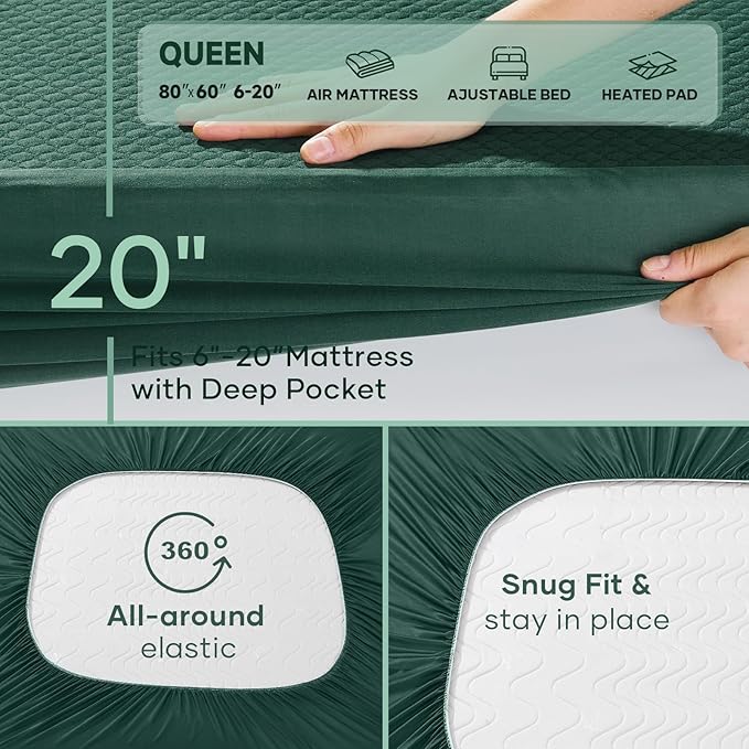 OhGeni 100% Waterproof Mattress Protector,Queen Size Mattress Soft Pad,Hair & Bedwetting Resistant,Cooling Breathable Fitted Sheets,Washable Bed Cover,Non-Slip Deep Pocket,Noiseless for Bedroom,Green
