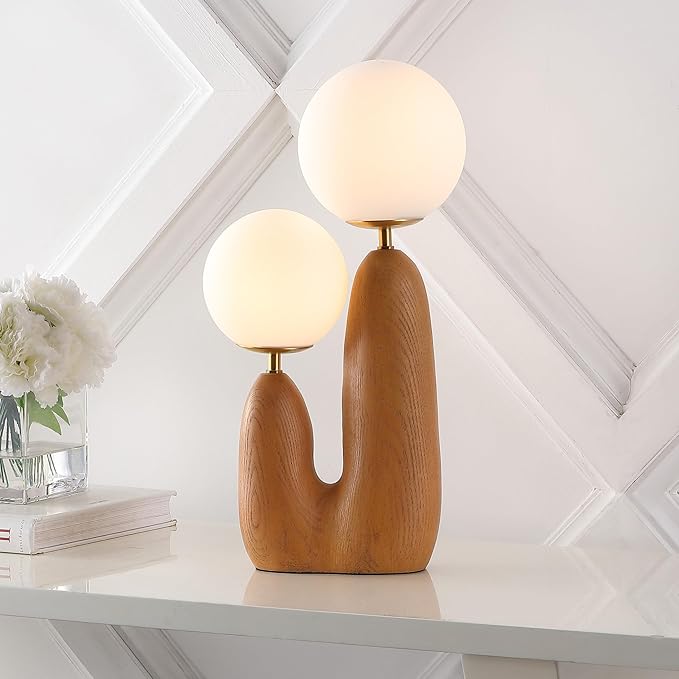 JONATHAN Y 17.75" Brown Wood Finish/Brass Gold Modern Bohemian Danish Cactus LED Table Lamp, 2-Light Mid-Century Minimalist Desk Light for Bedroom Living Room, Frosted Glass Globe Shades JYL4065A