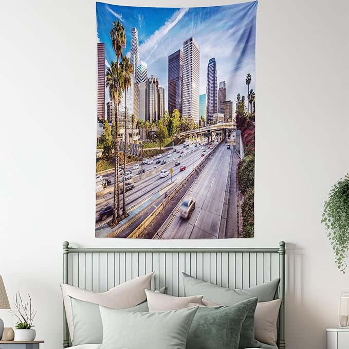 Ambesonne Travel Tapestry, Downtown Cityscape of Los Angeles California USA Avenue Buildings Palms Print, Fabric Wall Hanging Decor for Bedroom Living Room Dorm, 23" X 28", Blue Grey Green