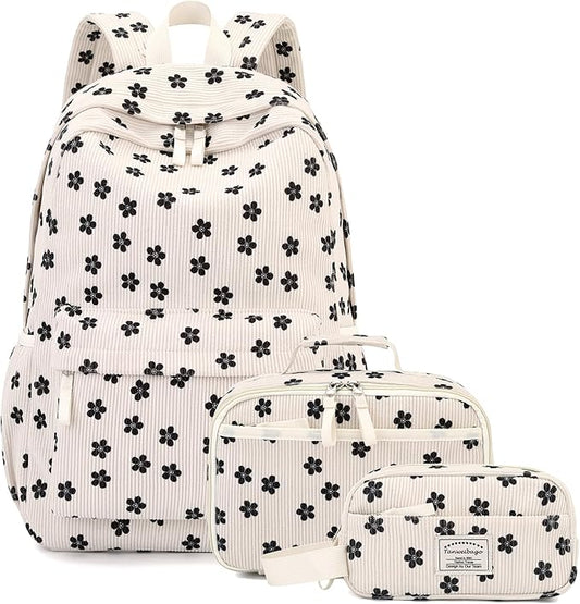Backpack for Girls Boy Teen Corduroy Bookbags Elementary Middle High School Women Laptop Bag with Lunch Box Pencil Bag (Flower Black)