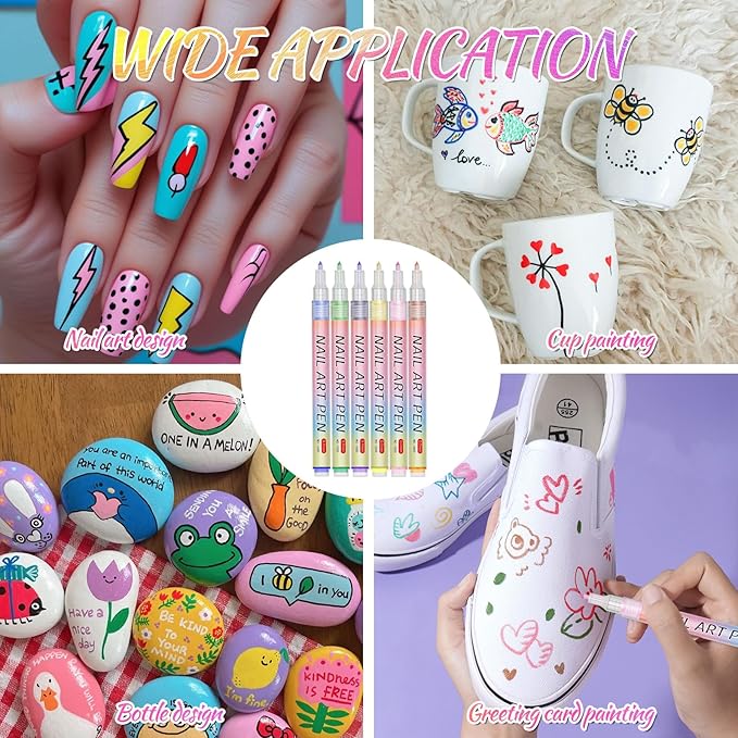 Nail Art Pen Set, 6 Colors, Water-Based Quick Dry Art Pens, 0.7mm Fine Point, Professional Manicure Drawing Tools for DIY Design