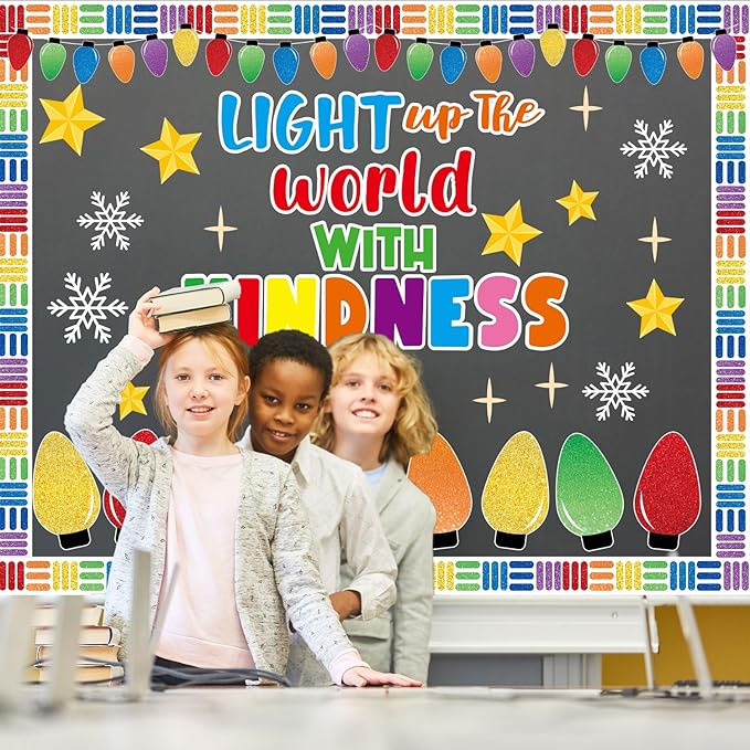 Christmas Light Bulbs Bulletin Board Decoration Set Xmas Kindness Bulletin Board Set Winter Colorful Bright Bulb Paper Cutouts for Classroom School Home Chalkboard Wall Holiday Party Decor Supplies