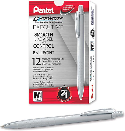 Pentel Glidewrite Executive Ballpoint Pen, (1.0mm) Medium Line, Silver Metal Barrel, Black Ink, Box of 12 (BX970Z-A)
