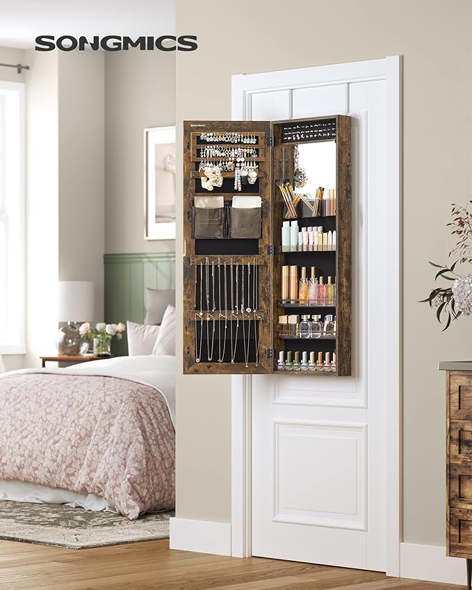 SONGMICS Jewelry Cabinet Armoire, Wall or Door Mount Storage Organizer with Full-Length Mirror, Lockable Cabinet with Built-in Small Mirror, Shelves, Gift Idea, Rustic Brown UJJC003X01