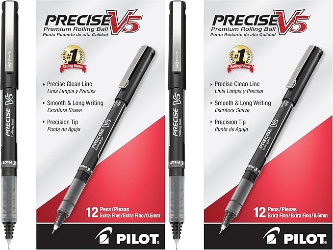 PILOT Precise V5 Rollerball Pens,Extra Fine Point 0.5 mm Black Pens,Black,- Ideal for School,Journaling & Office Writing,12 Count (Pack of 2)