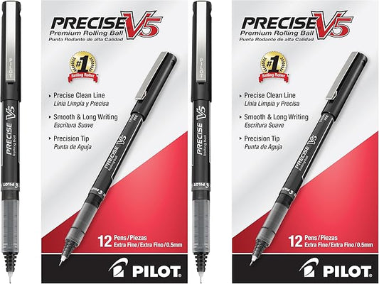 PILOT Precise V5 Rollerball Pens,Extra Fine Point 0.5 mm Black Pens,Black,- Ideal for School,Journaling & Office Writing,12 Count (Pack of 2)