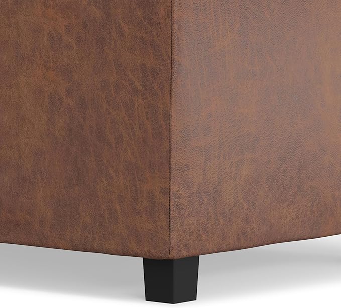 SIMPLIHOME Avalon Storage Ottoman - 42 inch Wide Upholstered Vegan Leather Rectangular Flip-Top Ottoman in Distressed Saddle Brown, Contemporary Coffee Table Ottoman for Living Room with Storage