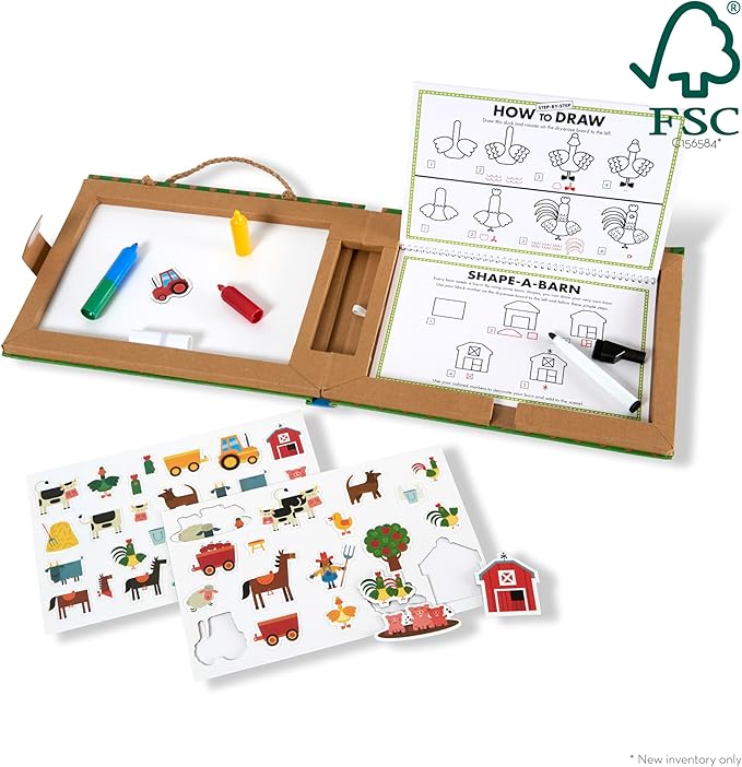 Melissa & Doug Natural Play: Play, Draw, Create Farm, Drawing Activity Set & Magnet Kit - Reusable Mess-Free Travel Activity Toy for Ages 3+(45 Magnets, 5 Dry-Erase Markers) - FSC Certified