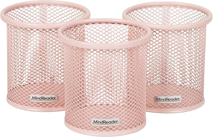 Mind Reader Pen and Accessories Holder, Desktop Organizer, Office, Metal Mesh, 3.5"L x 3.5"W x 3.75"H, Set of 3, Pink
