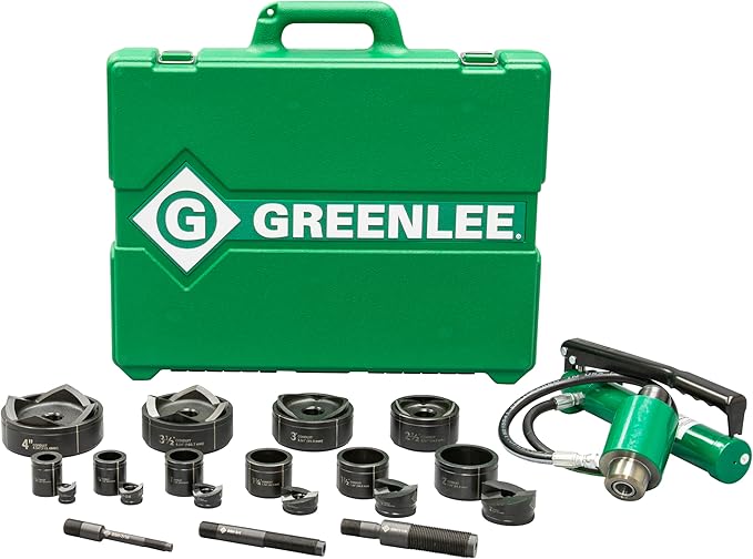 Greenlee 7310SB 11-Ton Hydraulic Knockout Punch Kit with Hand Pump, Ram, 1/2" to 4" Slug-Buster Punches, Dies, and Hydraulic Draw Studs, Electrical Conduit Hole Cutter Kit