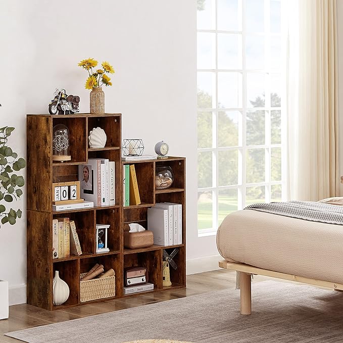 VECELO 42" Modern Bookshelf, 7 Cube Organizer Bookcase,Fits Tallest Hardcovers, Horizontal Available,Floor Standing Display,Easy Assembly,Brown