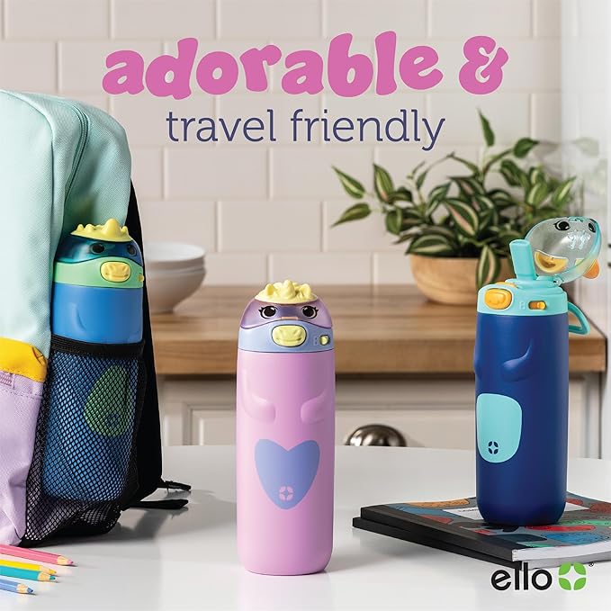Ello Ellies 12oz Vacuum Insulated Stainless Steel Kids Water Bottle with Straw & Built-in Carrying Handle & Leak-Proof Locking Lid for School Backpack, Lunchbox and Outdoor Sports, Cat (Pack of 6)