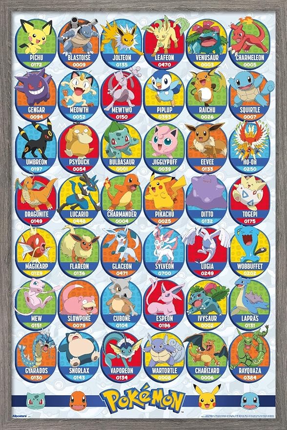 Pokémon: All-Time Favorites - Grid Wall Poster, 22.4L" x 14.7W", Barnwood Framed Version