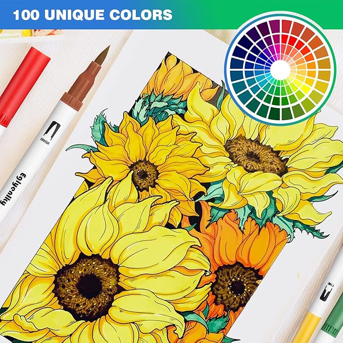 Markers for Coloring Book Adults Relaxation, Dual Tip Brush Pens with 100 Watercolor Fine Tip Markers and Brush Pens for Kids Coloring