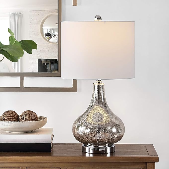 SAFAVIEH Lighting Collection – Brooks Modern Silver Glass 24-Inch Table Lamp, LED Bulb Included, Bedroom Living Room Home Office Nightstand Desk (TBL4254A)