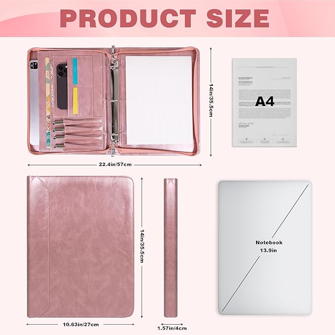 AZXCG Leather Padfolio for Women,Zippered Padfolio with 3 Ring Binder,Business Portfolio Organizer for Women with A4 Writing Pad Holder, Portfolio Binder for Meeting,Gift for Valentine's Day